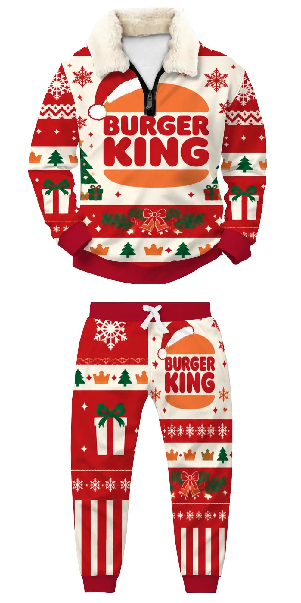 Christmas Burger Ugly Quarter Zip Sweatshirt & Sweatpant Set - THREADPARTY