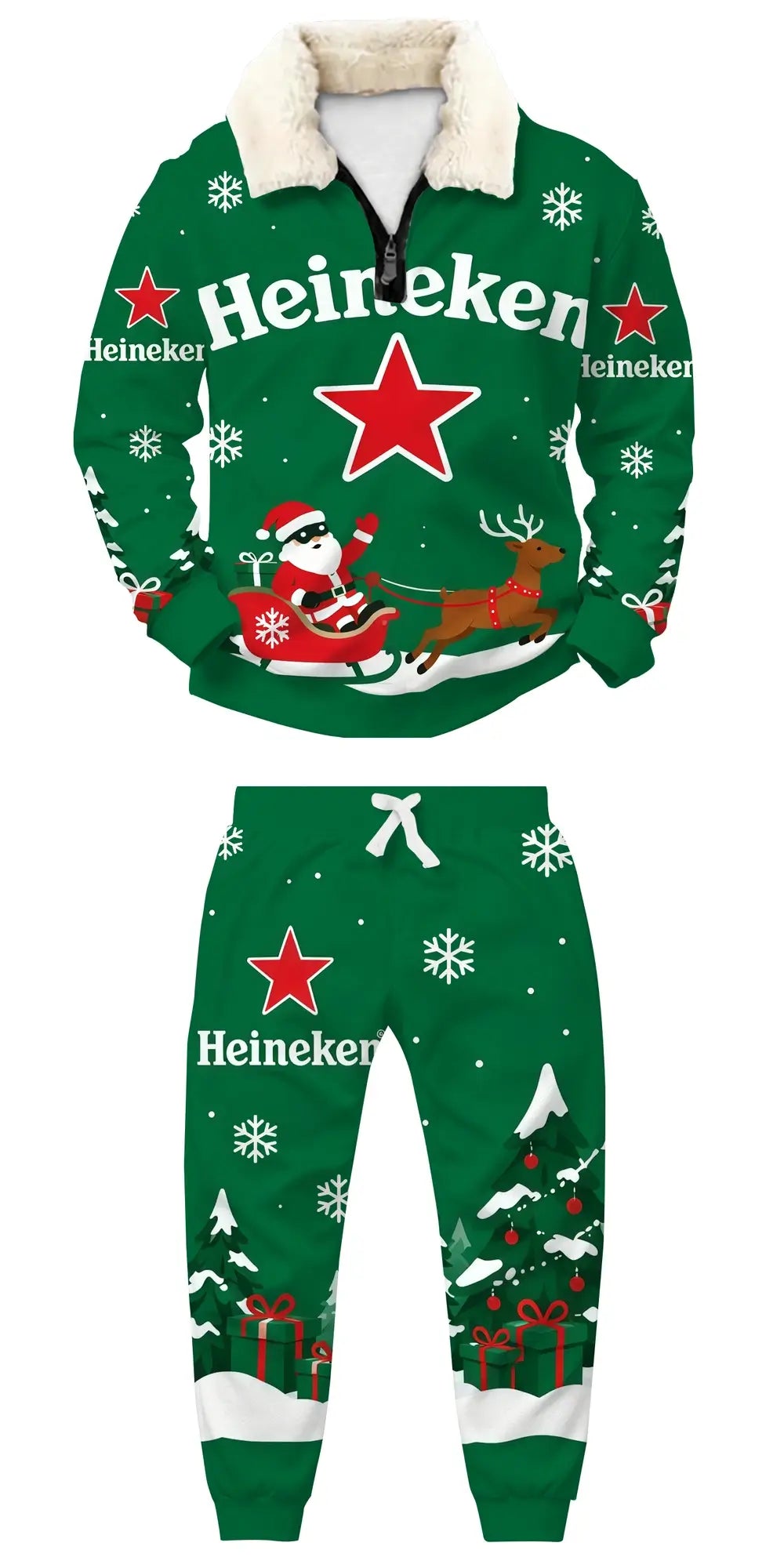Green Santa Ugly Quarter Zip Sweatshirt & Sweatpant Set - THREADPARTY