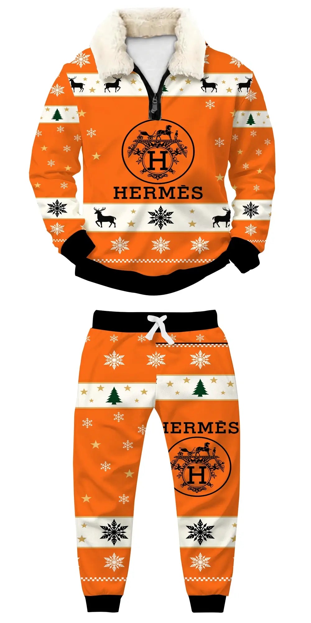 Orange Equestrian Elegance Ugly Quarter Zip Sweatshirt & Sweatpant Set - THREADPARTY