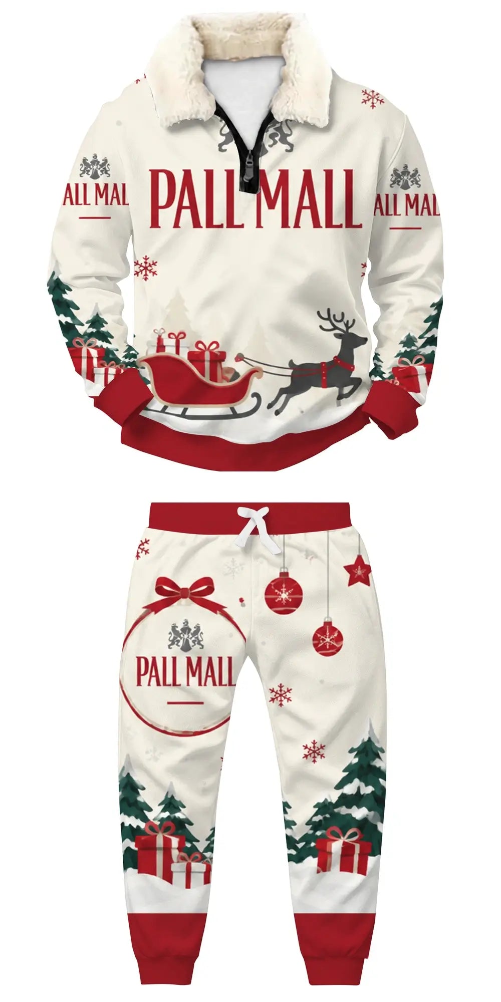 Red Sleigh Ugly Quarter Zip Sweatshirt & Sweatpant Set - THREADPARTY