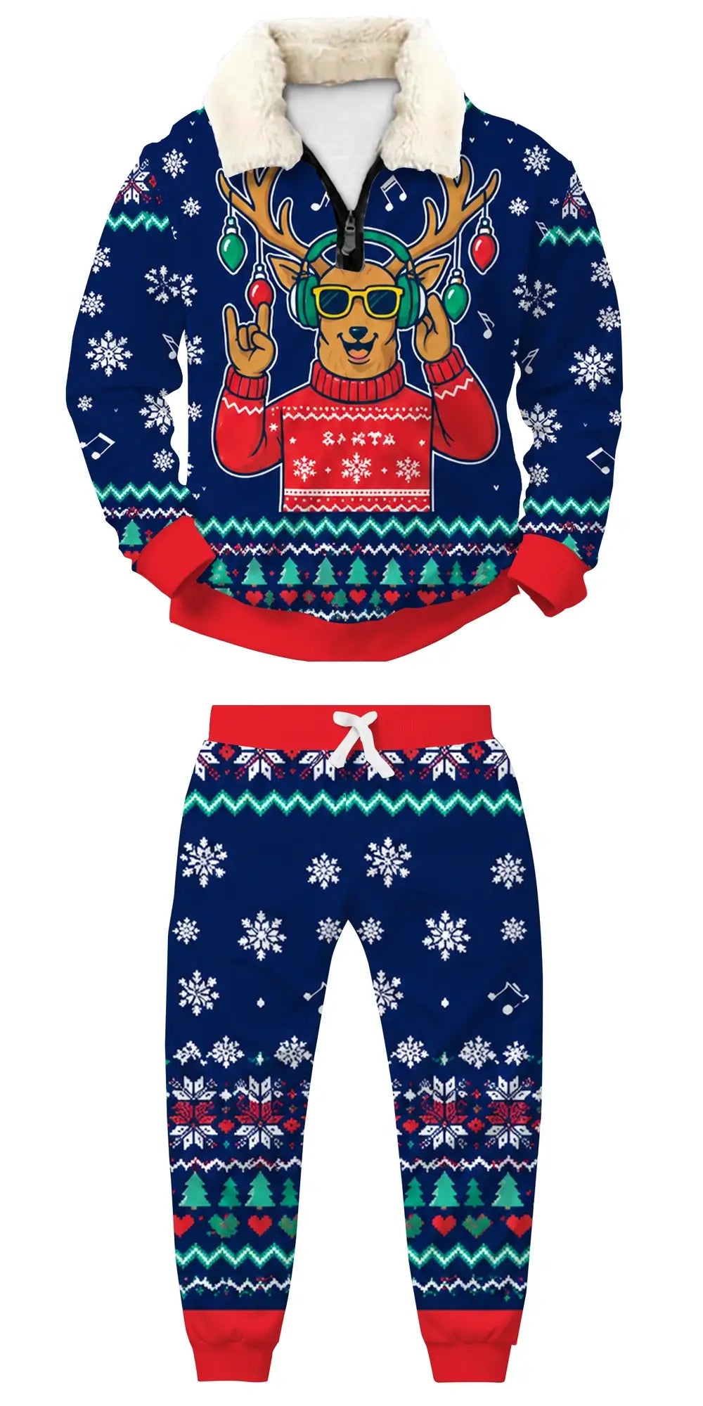 Winter Reindeer Ugly Quarter Zip Sweatshirt & Sweatpant Set - THREADPARTY