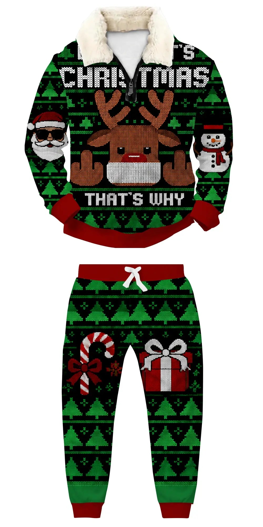 Because Christmas Ugly Quarter Zip Sweatshirt & Sweatpant Set - THREADPARTY