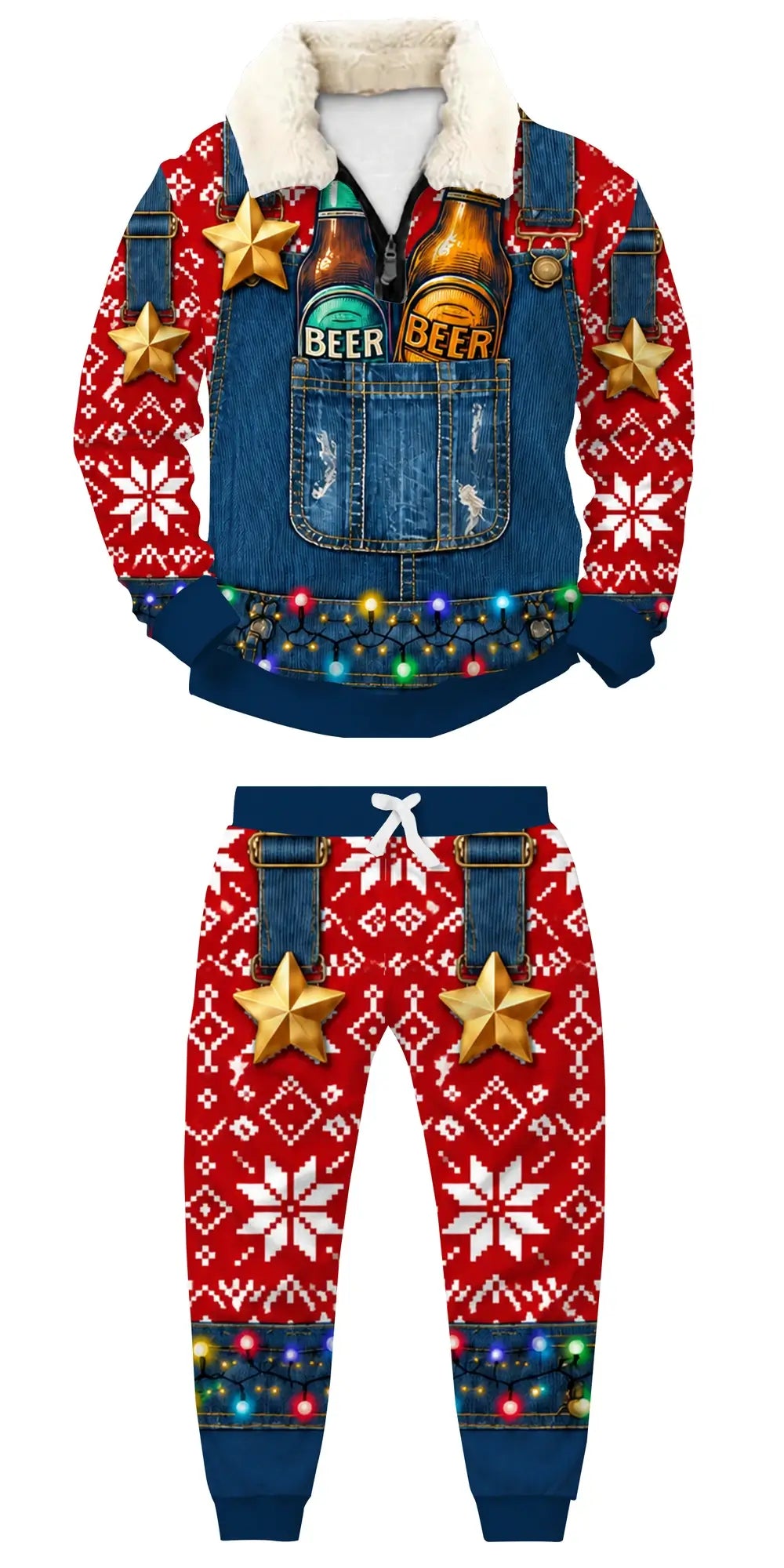 Holiday Reindeer Ugly Quarter Zip Sweatshirt & Sweatpant Set - THREADPARTY