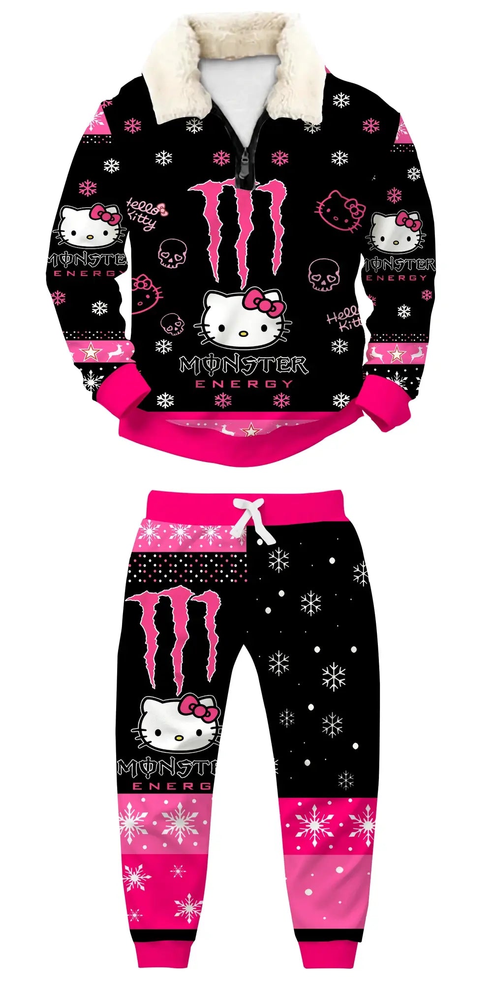 Pink Kitty Ugly Quarter Zip Sweatshirt & Sweatpant Set - THREADPARTY
