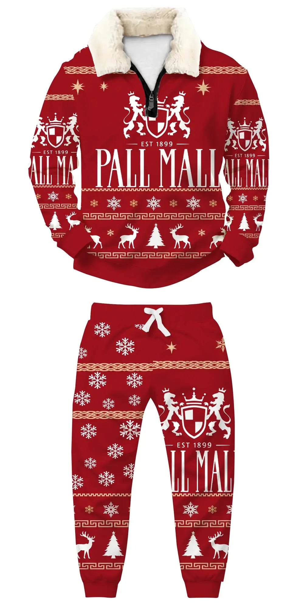 Red Vintage Typography Ugly Quarter Zip Sweatshirt & Sweatpant Set - THREADPARTY