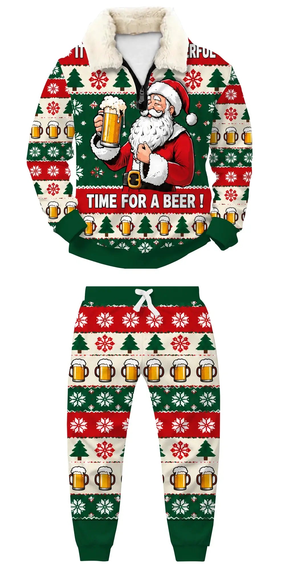 Santa’s Beer Time Ugly Quarter Zip Sweatshirt & Sweatpant Set - THREADPARTY