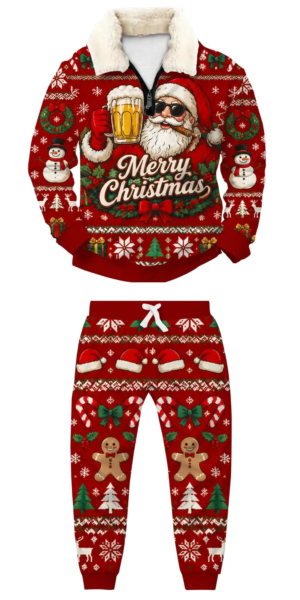 Santa's Pint Ugly Quarter Zip Sweatshirt & Sweatpant Set - THREADPARTY